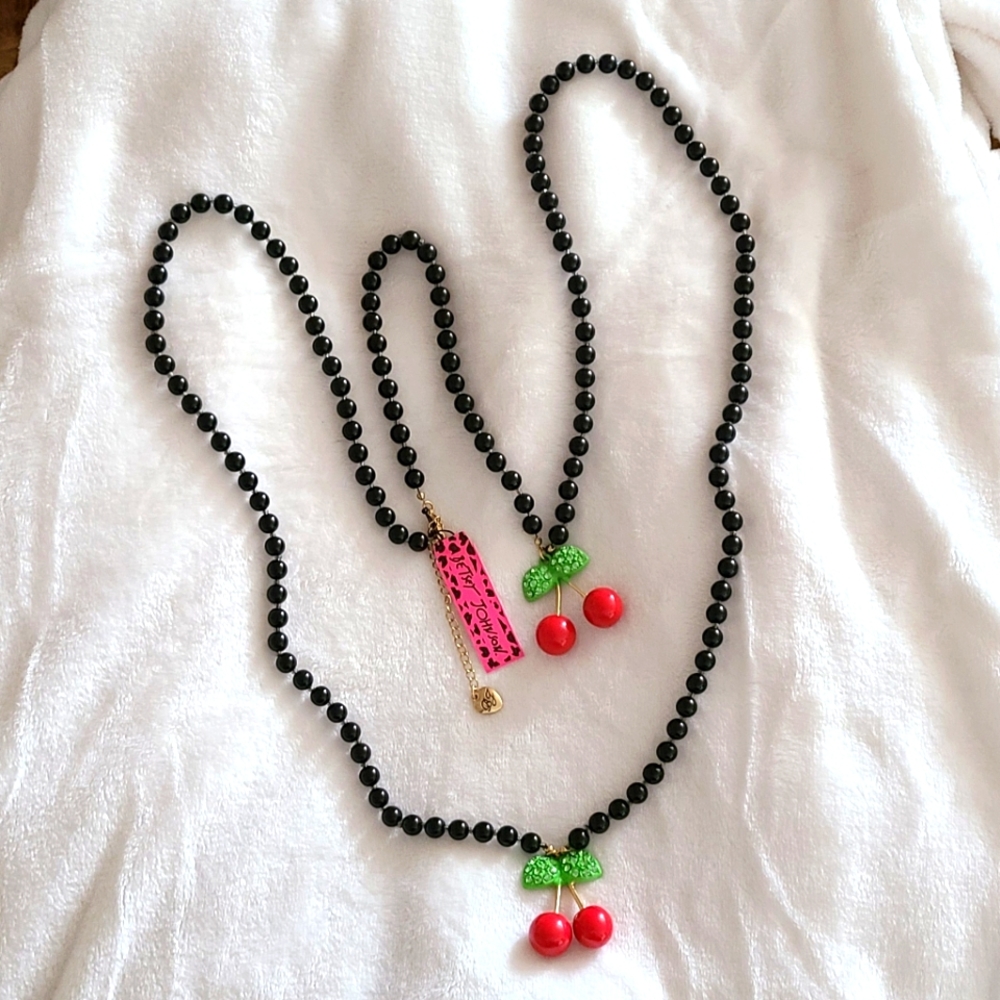 Betsey Johnson Black Pearl & Cherries Necklace